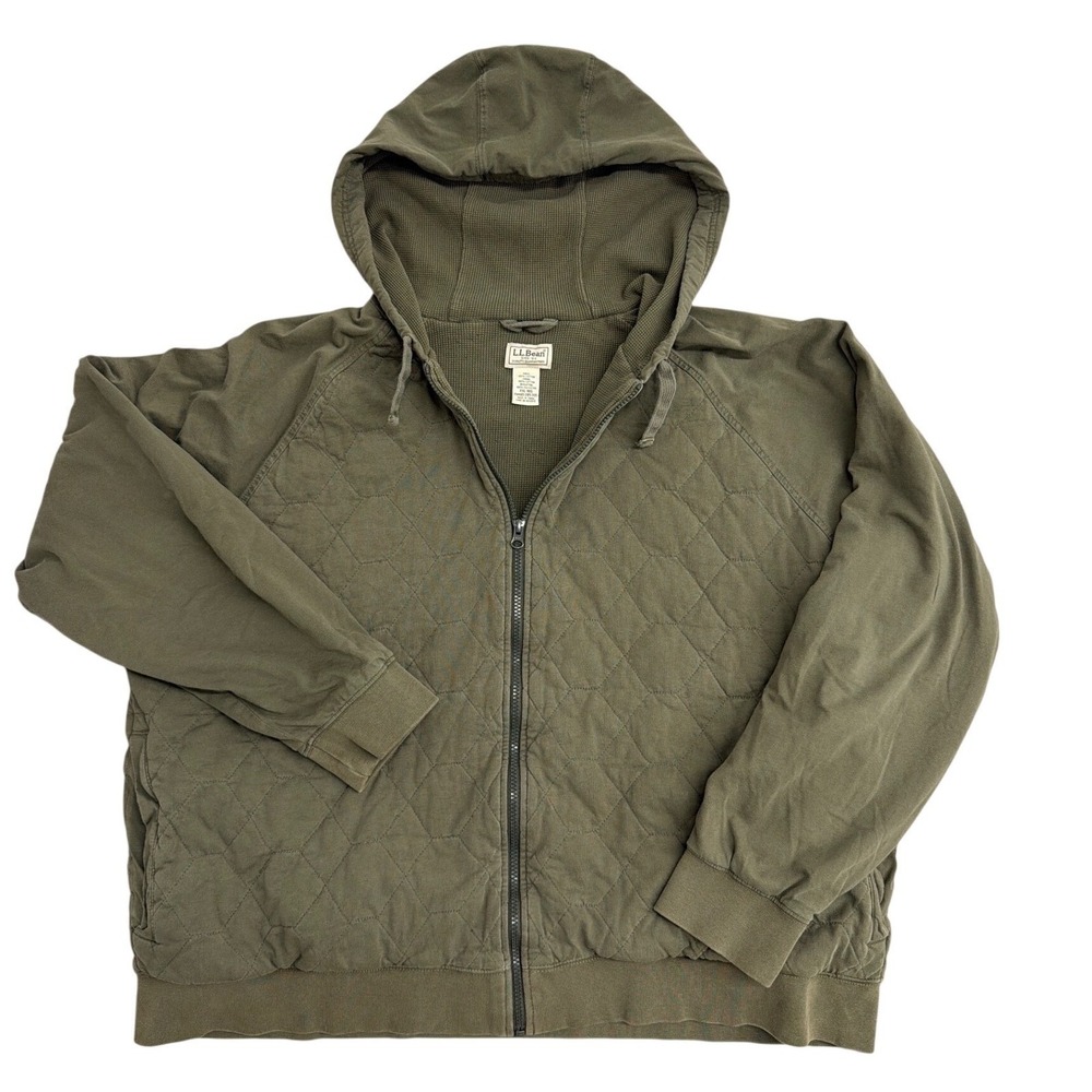 LL Bean Mens XXL Olive Green Quilted Full Zip Thermal Lined Hoodie Jacket 285395